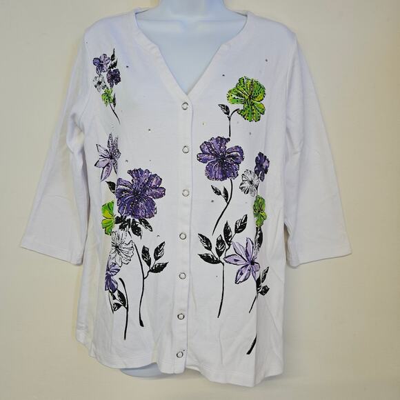 Quacker Factory White with Flowers 3/4 Sleeve Top Size M Grandmacore Mature - Picture 1 of 8